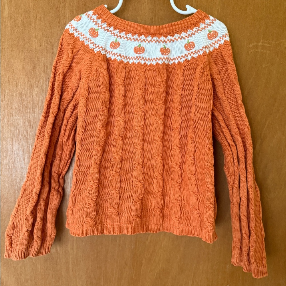 Orange Cable Knit Cardigan with White Accents - Picture 3 of 3